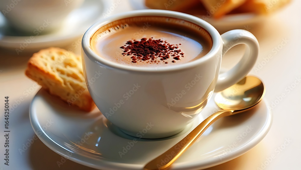 Fototapeta premium Aromatic Coffee Cup with Chocolate Sprinkles and Biscuit Perfect for a Relaxing Morning or Cozy Break
