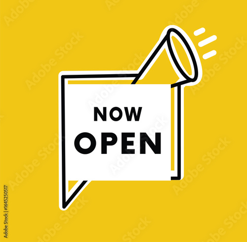 Now open sign white poster badge with megaphone. Opening concept design elements. Vector eps editable.
