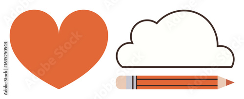 Orange heart, outlined cloud, and pencil symbolizing connection, imagination, creativity, love, education, art and inspiration. Ideal for design education art writing creativity relationships