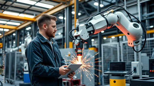 Two male engineer discuss and control robot arm welding at production line plant factory. Engineer workers working automatic robot arm system welding machine in the smart factory industrial
