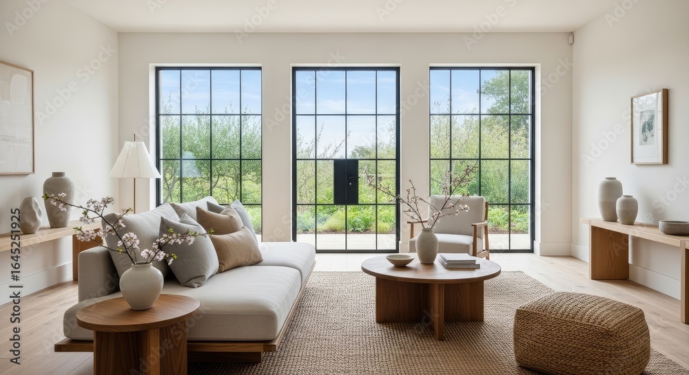 Fototapeta premium Spacious and Bright Living Room with White Sofa, Round Coffee Table, and Large Windows Overlooking a Green Garden