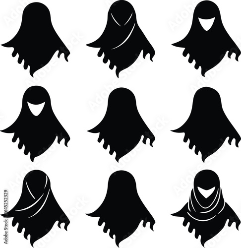 Black Silhouette Vector Set of Islamic Women's Clothing: Burqa, Niqab, Hijab Fashion Styles