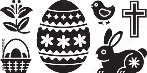 Springtime Holiday Silhouette Vector Illustration with Egg, Chick, Rabbit and Cross