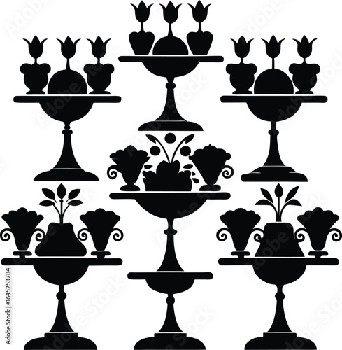 Elegant Black & White Silhouette of Floral Urns & Vases Arrangement, Decorative Still Life Art