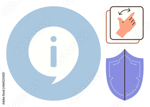 i in a speech bubble, hand swipe gesture, purple shield. Ideal for guidance, interactivity, communication, navigation, security education protection. Simple flat metaphor
