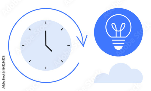 Clock with arrow circling around, lightbulb icon, and cloud below. Ideal for time management, innovation, productivity, creativity, brainstorming, workflow and simple landing page
