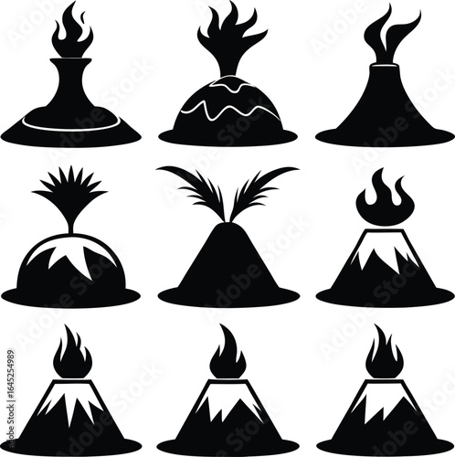 Volcano Silhouettes Vector Graphics Set: Erupting Mountain Icons, Black & White Clip Art