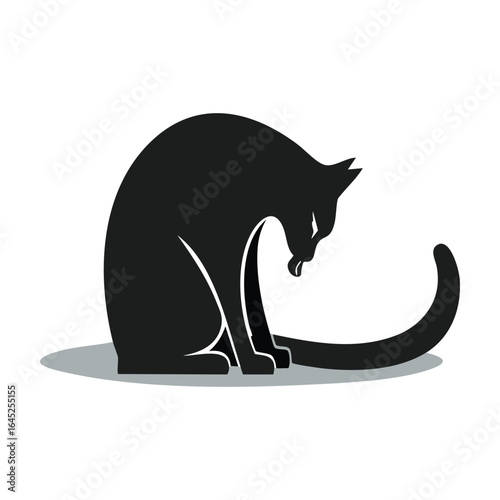 Black cat grooming on a gray surface on transparent background