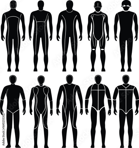 Black & White Vector Silhouettes: Full Body Wetsuit Designs, Sportswear Fashion Illustration