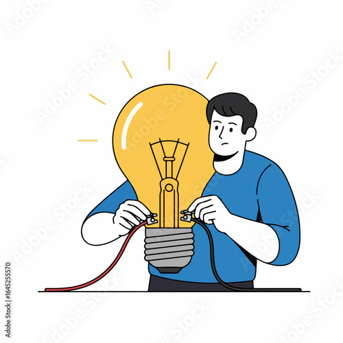 Man struggling to connect wires to a large, glowing light bulb, symbolizing innovation challenges