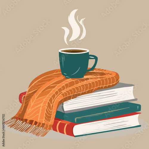 Cozy cup of coffee on stacked books and a warm knitted sweater, autumn vibes on a soft beige background. Perfect for seasonal and hygge designs