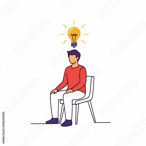 Man seated with glowing lightbulb above head symbolizing sudden inspiration and creative breakthrough
