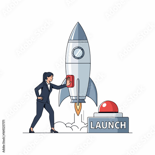 Confident businesswoman initiates rocket launch, symbolizing business growth and successful project startup