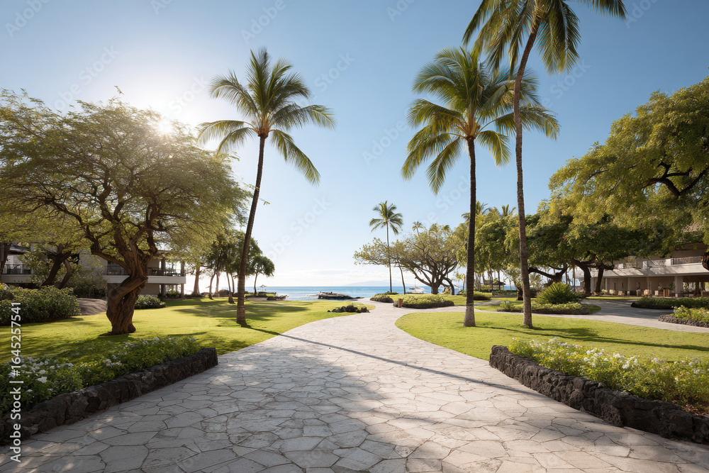 Fototapeta premium capture essence of hawaii with lush display of tropical plants including palm trees hibiscus flowers and vibrant