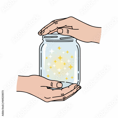 Gentle hands carefully hold a glass jar filled with twinkling stars and magical light, symbolizing hope and dreams