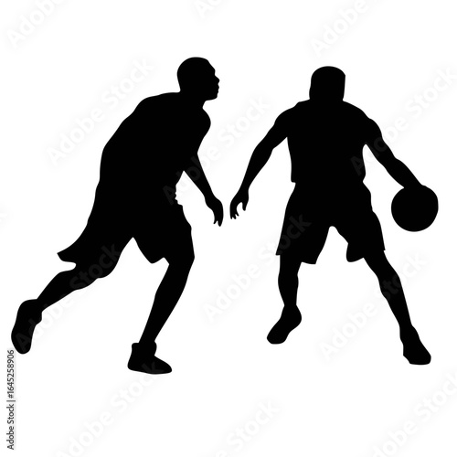 A silhouette of two basketball players on a court. One player is dribbling the ball while the other is defending, capturing a dynamic one-on-one streetball match. 