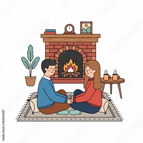 Cozy couple holding hands by warm fireplace enjoying intimate winter evening together at home