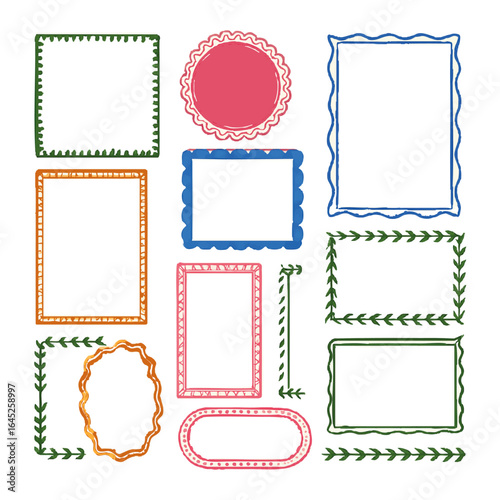 Collection of hand drawn decorative borders and frames in various shapes and colors
