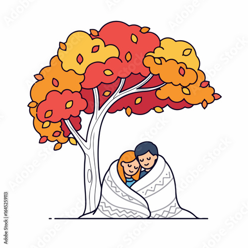 Cozy couple wrapped in blanket under vibrant autumn tree sharing warm embrace creating lasting memories