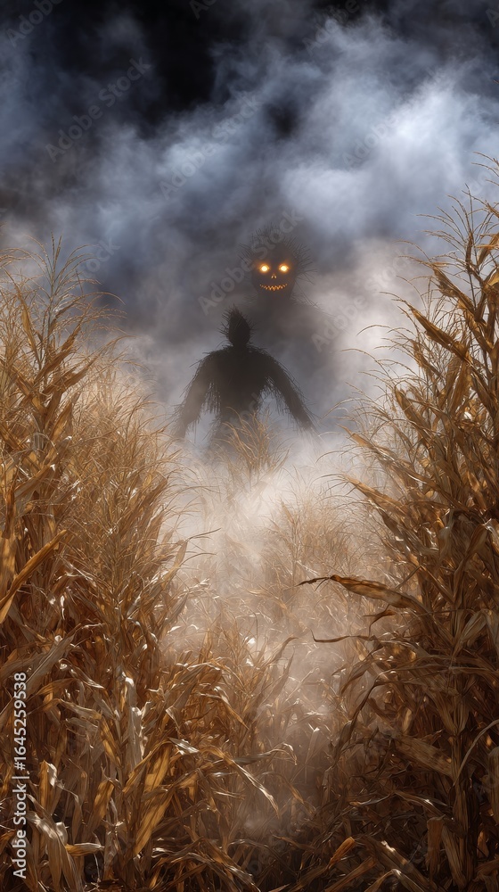 Fototapeta premium Creepy Scarecrow Lurking in a Misty Cornfield with Glowing Eyes and Eerie Shadows