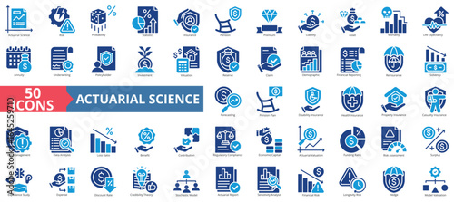 Actuarial science icon set flat style collection. Contain risk, probability, statistics, insurance, pension, premium, liability, asset, mortality, life expectancy, annuity, investment, valuation