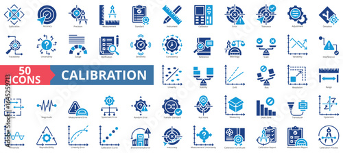 Calibration icon set flat style collection. Contain accuracy, precision, measurement, standard, instrument, calibrator, error, tolerance, adjustment, deviation, traceability, gauge, verification