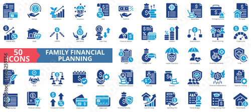 Family financial planning icon set flat style collection. Contain budget, savings, investment, insurance, debt, expense, income, goal, retirement, emergency fund, interest rate, asset, liability