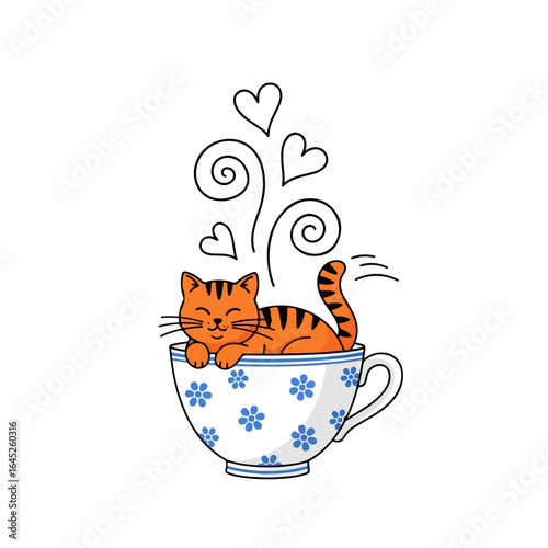 Adorable orange tabby kitten naps cozily inside a decorative teacup, surrounded by whimsical hearts and steam