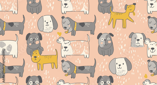 Seamless pattern with cute cartoon dogs of different breeds. Adorable hand-drawn puppy vector illustration for kids' textile background.