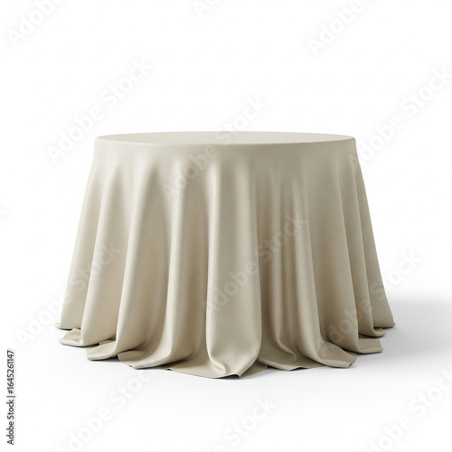 A round table draped in an elegant cream-colored cloth, isolated on a white background

