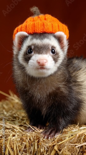 Playful Ferret Wearing a Tiny Orange Pumpkin Hat on Straw in a Cozy Setting for Halloween