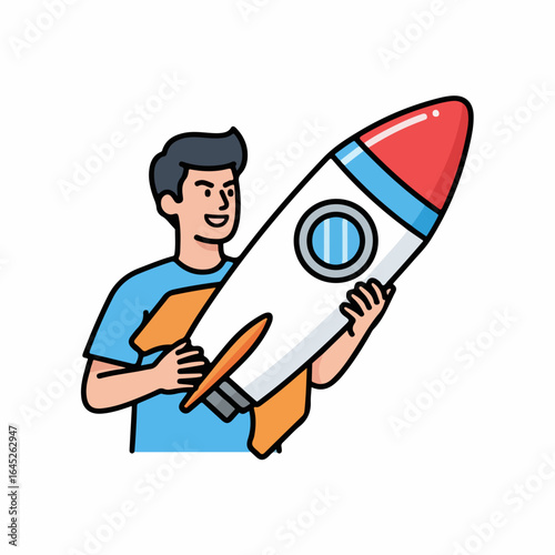 Man enthusiastically holding a stylized rocket, embodying innovation and forward momentum for business growth