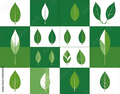 Green Leaf Patterns Displayed in Various Shapes and Designs for Nature-Themed Presentation