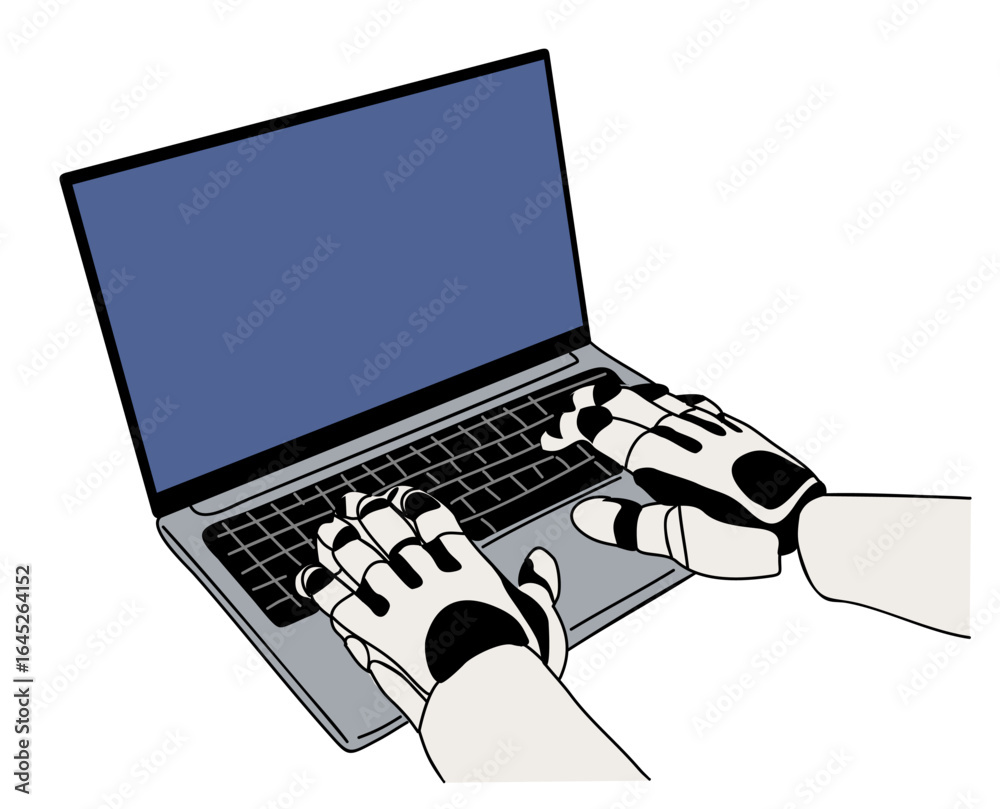 © Creative_Juice_Art - Robotic hands typing on a laptop keyboard, symbolizing AI, automation, and futuristic technology concepts. Vector illustration isolated on transparent background