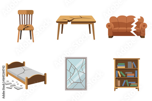 Damaged furniture and repair icons, broken chair cracked table shattered mirror bed bookshelf, restoration and maintenance vector
