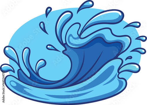 Blue water splash with droplets and waves within an oval shape on a light blue background liquid fluid vector EPS file download