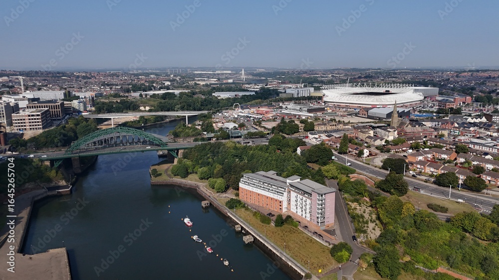 Obraz premium Drone aerial view sunderland north east england tyne and wear wearside river monkwearmouth bridge british uk city