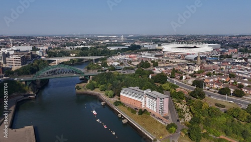 Drone aerial view sunderland north east england tyne and wear wearside river monkwearmouth bridge british uk city