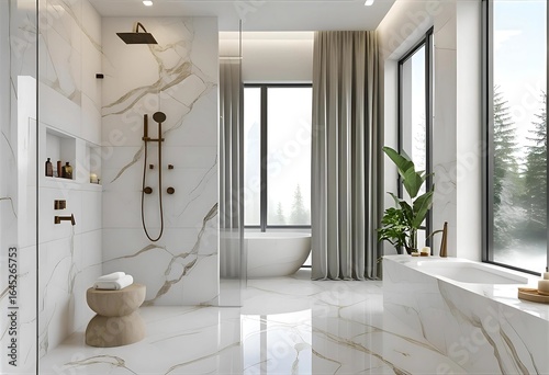 Modern luxury bathroom interior, white marble tiles with gold veining, large floor-to-ceiling windows, freestanding bathtub, photorealistic, soft lighting, natural decor, high-end design