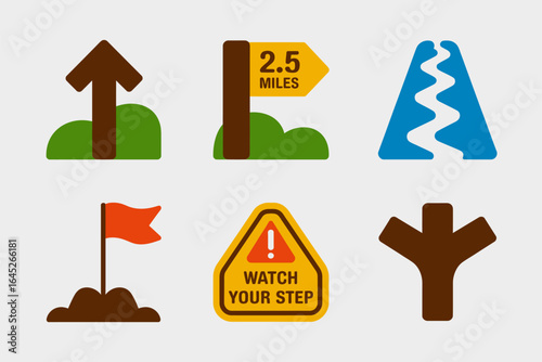 Hiking trail and directional icons, arrow signpost, 2.5 miles distance marker, mountain stream symbol, watch your step caution sign, trailhead path vector, outdoor safety illustration