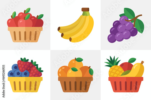 Farmers market fruit crates, mixed fruit basket vector, strawberry banana orange illustration, grocery stall clipart