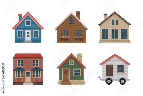 Suburban house icon set, cozy cottage bungalow vector, family home facade illustration, real estate flyer design, printable property clipart