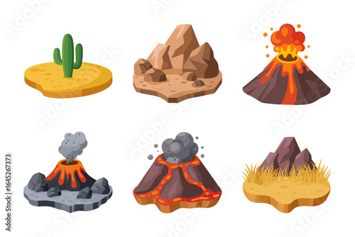Volcano eruption and lava rock icons, ash plume crater vector, molten lava illustration, natural hazard infographic, science classroom design