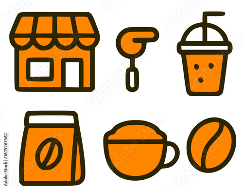 A collection of orange-colored coffee shop icons, showcasing various elements related to the cafe.