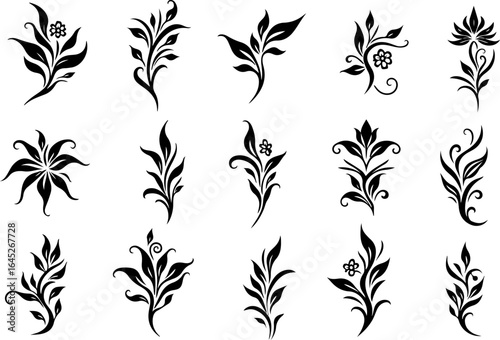 Tribal Floral Tattoo Design Vector Set in Black Silhouette