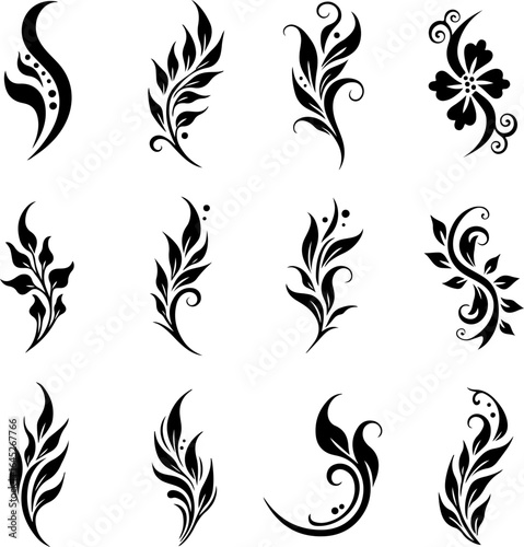 Tribal Floral Tattoo Design Vector Set in Black Silhouette