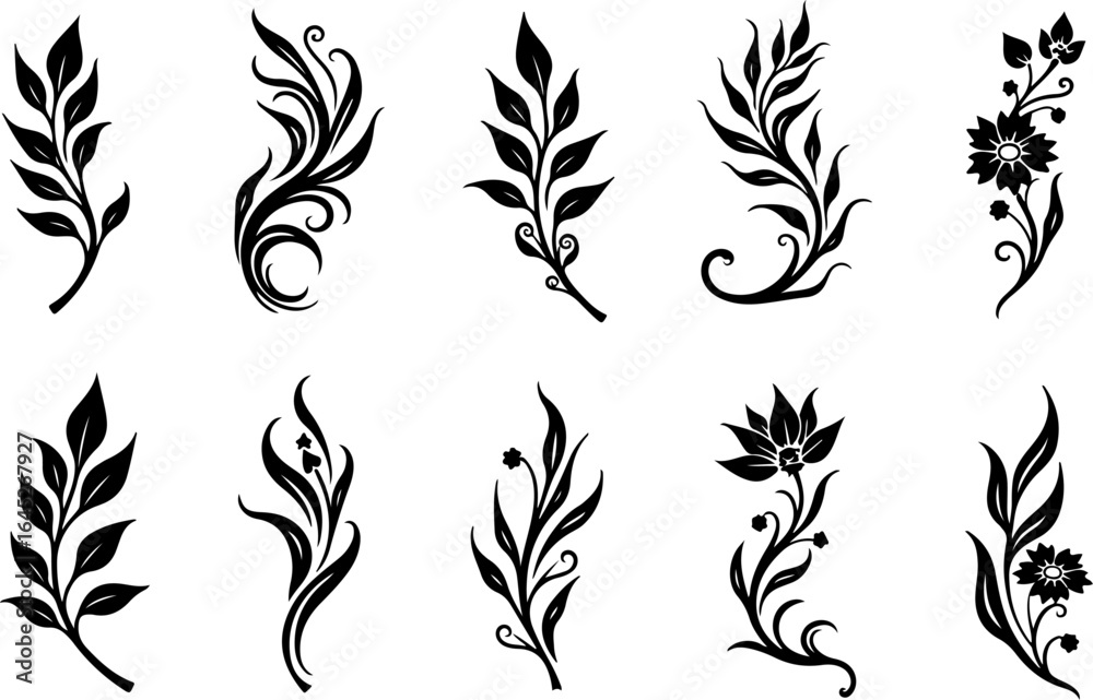 Obraz premium Tribal Floral Tattoo Design Vector Set in Black Silhouette
