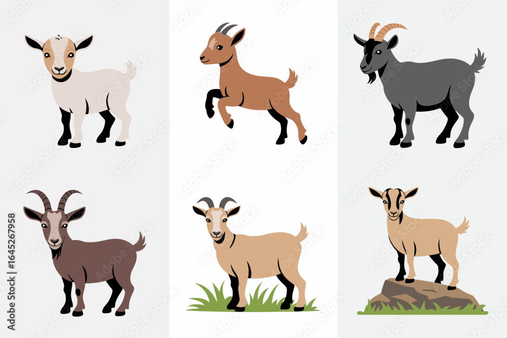 Fototapeta premium Baby goat and adult goat icons, kid goat vector, farm livestock illustration, grass field clipart, countryside animal elements