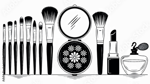 Black and white illustration of makeup and beauty tools in a horizontal arrangement