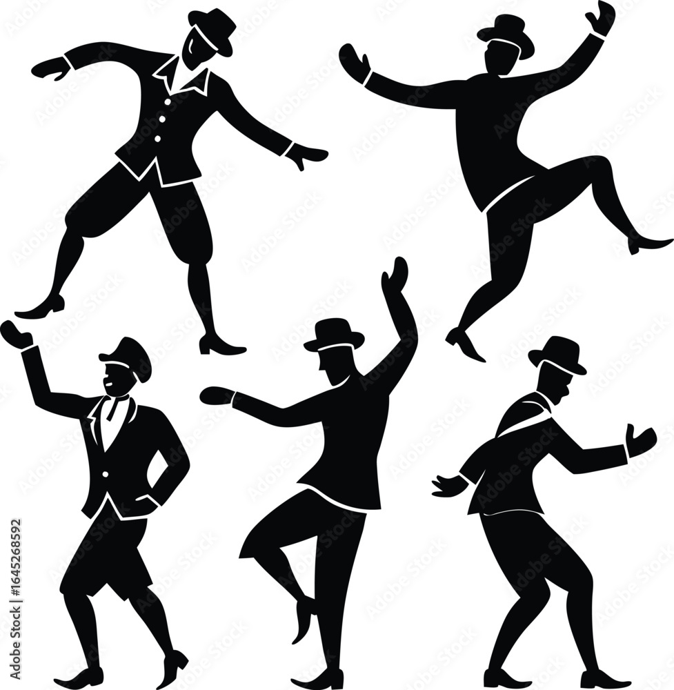 Fototapeta premium Silhouette Dancers: Black & White Vector Illustration of Men in Vintage Suits & Hats Dancing